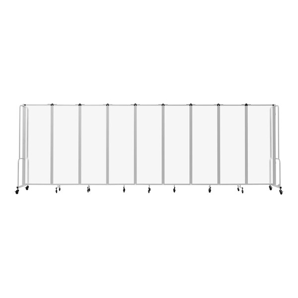 A frosted acrylic room divider with a gray frame and black wheels.