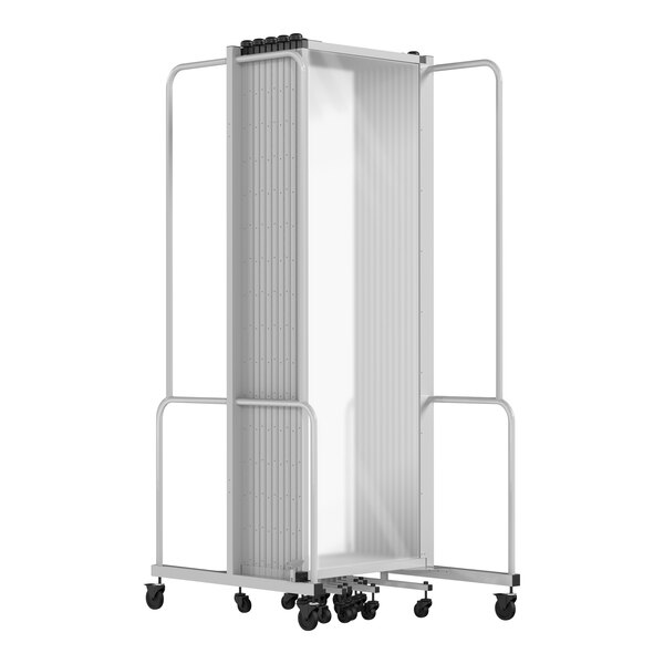 A white rectangular National Public Seating Robo mobile room divider with gray metal bars and wheels.
