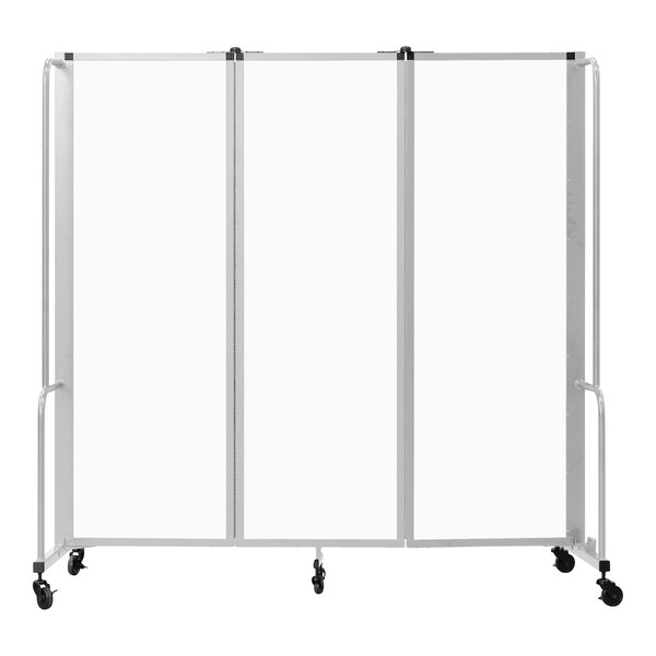 A white National Public Seating mobile room divider with gray wheels.