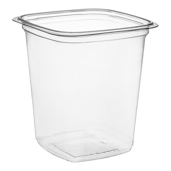 A Pactiv clear plastic deli container with a lid.