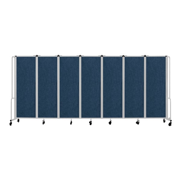 A National Public Seating blue mobile room divider with 7 panels and gray frame.