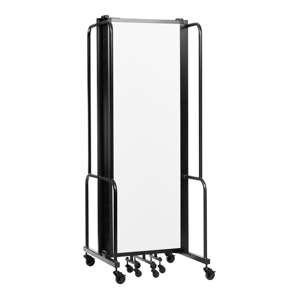 A white National Public Seating mobile room divider with black metal frame and wheels.