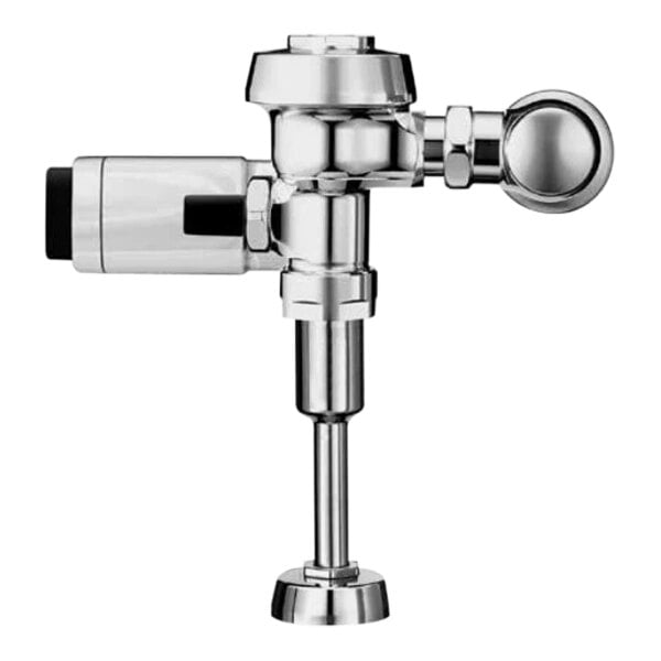 A chrome Sloan battery-operated urinal flush valve with top spud.