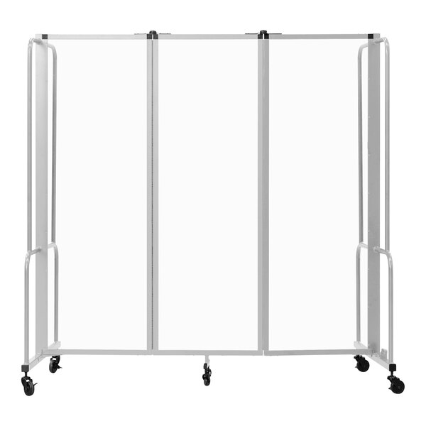 A gray metal screen with black wheels and three clear panels.