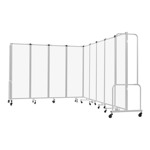 A white National Public Seating mobile room divider with gray wheels.