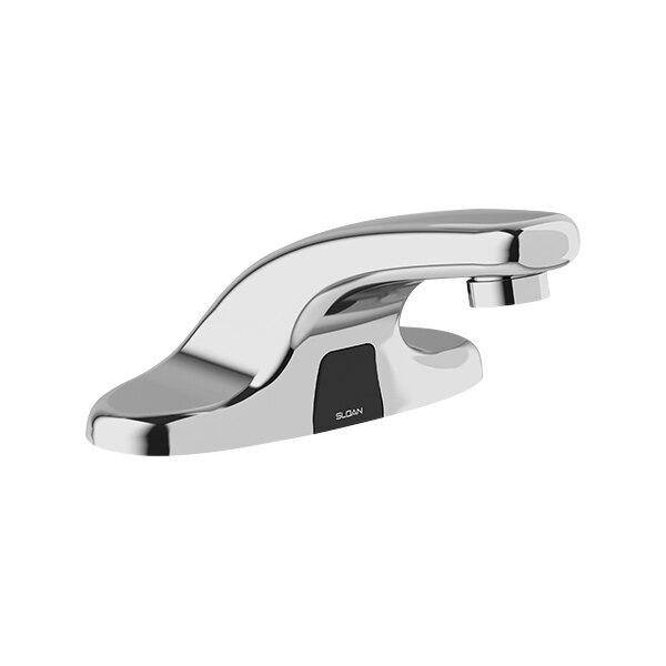 A close-up of a silver Sloan electronic faucet with a black button.