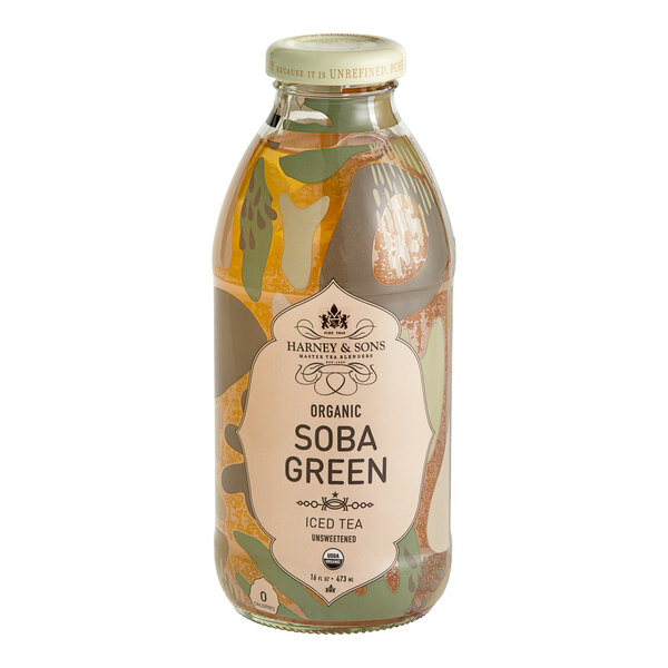 A glass bottle of Harney & Sons Organic Soba Green Iced Tea with a label.