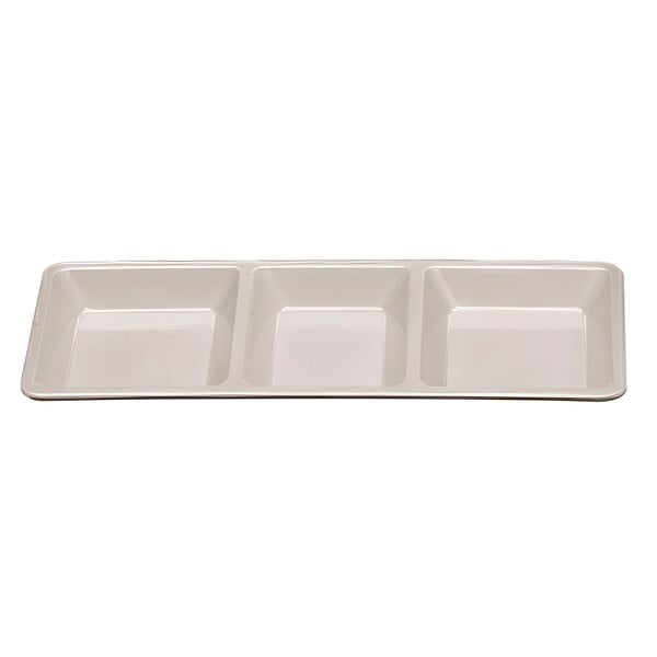 A white rectangular tray with three compartments and a white border.