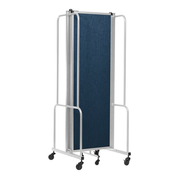 A blue National Public Seating room divider on a gray metal cart.