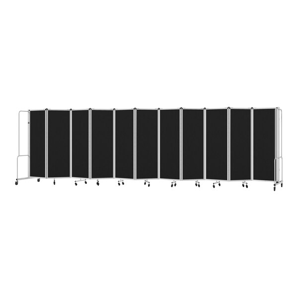 A black National Public Seating room divider with 11 panels on wheels.