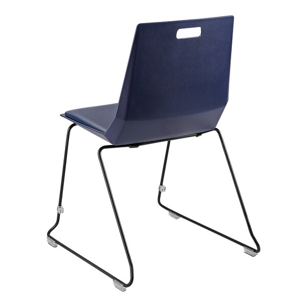 A close-up of a National Public Seating blue LuvraFlex chair with metal legs.