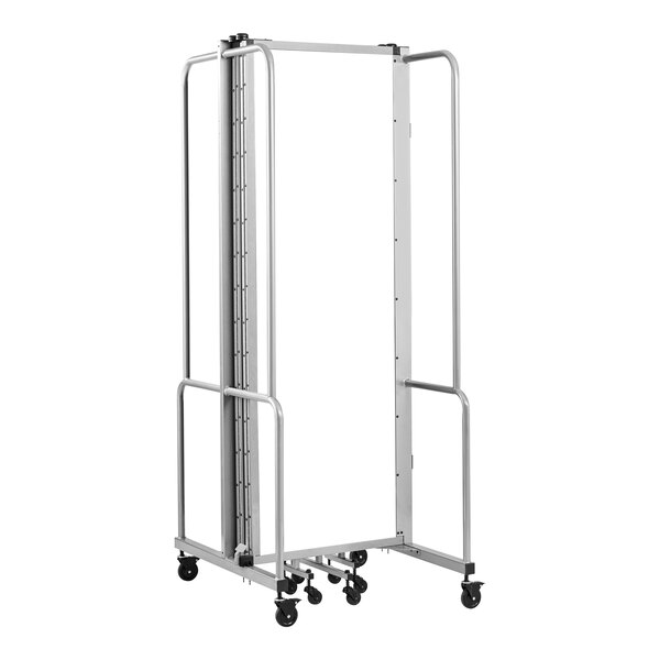 A gray metal cart with wheels holding a clear acrylic room divider with gray frame.
