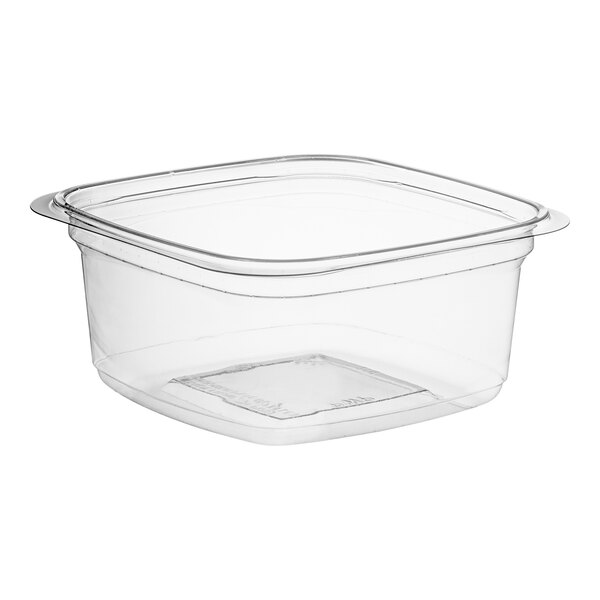 A clear plastic Pactiv square deli container with a lid.