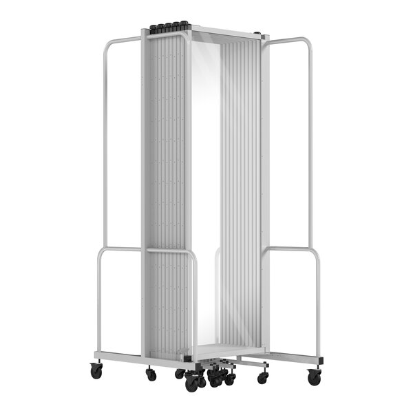 A gray metal National Public Seating mobile room divider with clear acrylic panels on wheels.