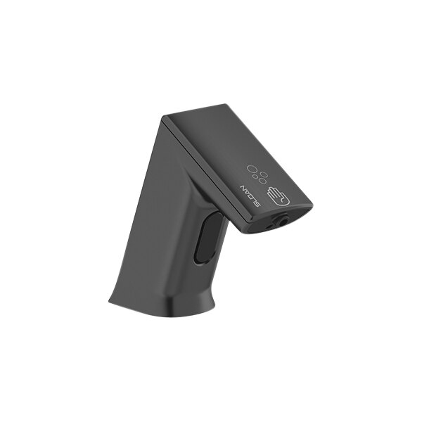 A black Sloan deck mount sensor foam soap dispenser with a button.