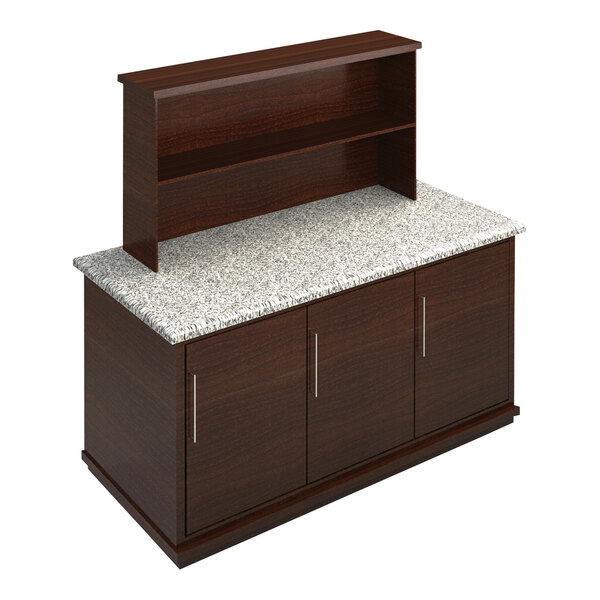 A brown counter with a red mahogany Lakeside portable back bar.