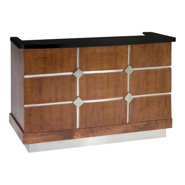 A wooden portable bar with stainless steel interior.