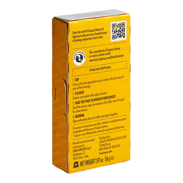 A yellow box of Lavazza Espresso Maestro Lungo Single Serve Capsules with text and a QR code.