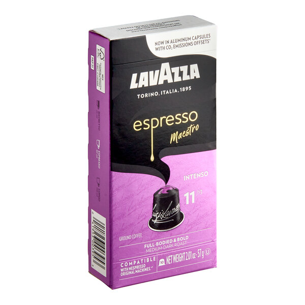 A purple and white box of Lavazza Espresso Maestro Intenso single serve capsules with a black label.
