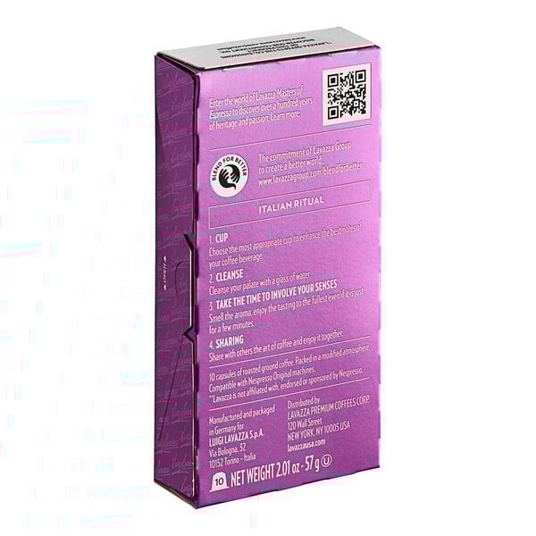 A purple Lavazza Espresso Maestro Intenso box with white text.