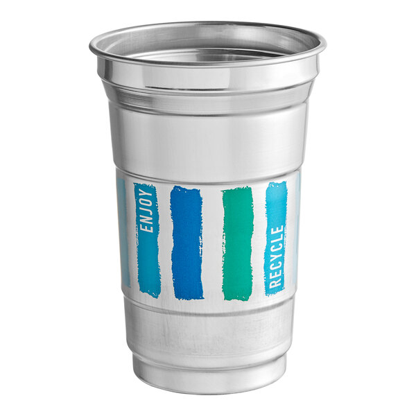 A silver Ball aluminum cup with blue and green stripes.