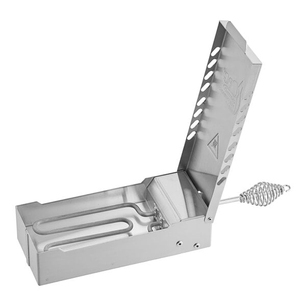 A silver rectangular stainless steel smoker box with a spiral handle.