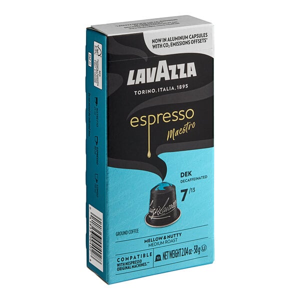 A blue and black box of Lavazza Espresso Maestro Dek Decaf Single Serve Capsules with a yellow label.