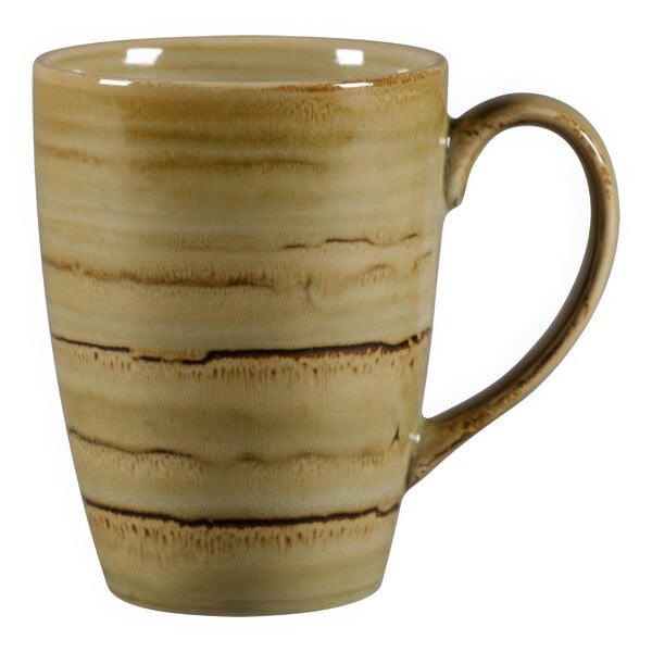 A close up of a RAK Porcelain garnet mug with a handle and brown and white stripes.