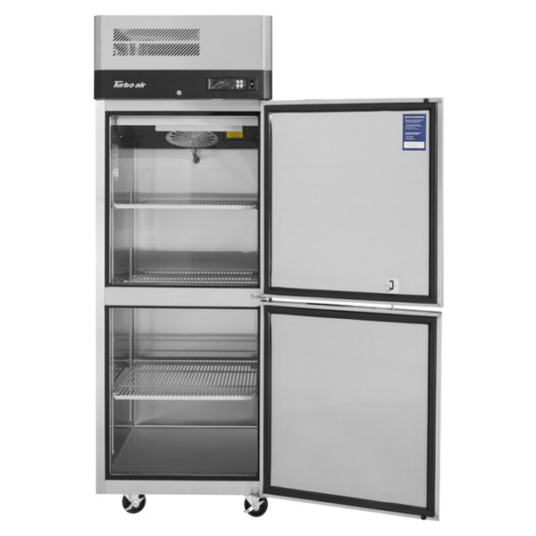 A Turbo Air M3 Series reach-in freezer with two open half doors.