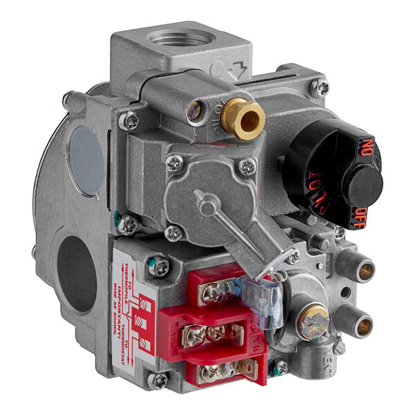 An Avantco natural gas valve with a red button and a red knob.