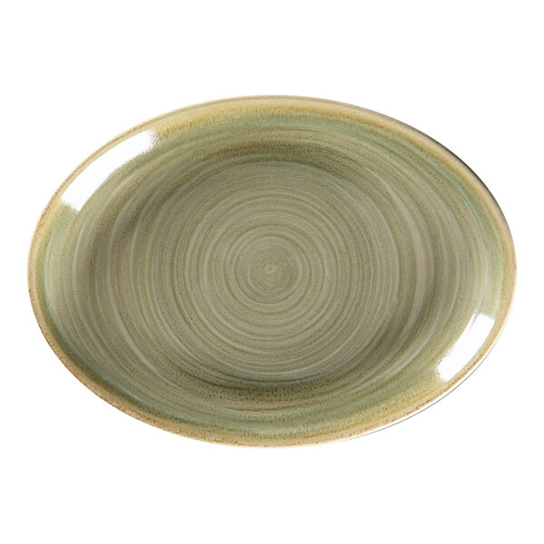 An emerald green RAK Porcelain oval platter with a spiral design.
