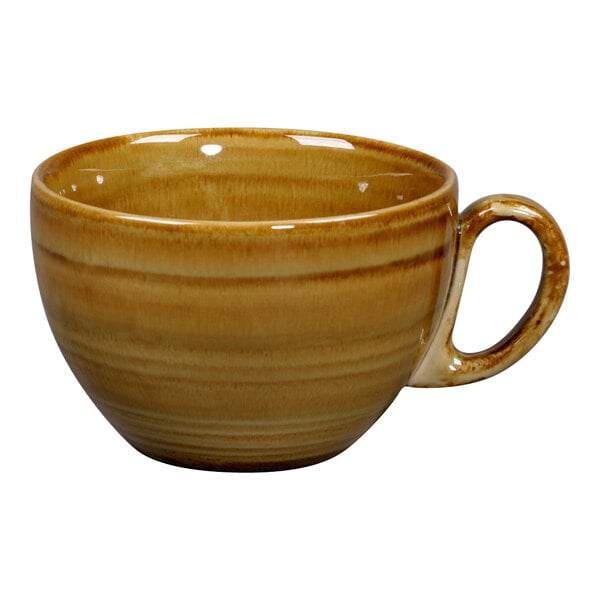 A brown RAK Porcelain coffee cup with a handle.