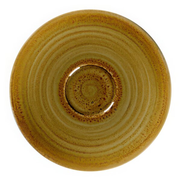 A brown Rakstone espresso cup saucer with a circular design in yellow and brown.