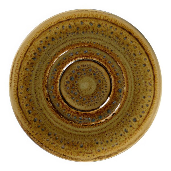 A brown RAK Porcelain coffee cup saucer with a circular pattern.