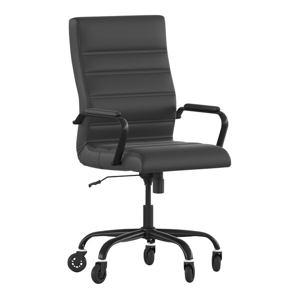 A black Flash Furniture office chair with wheels and arms.