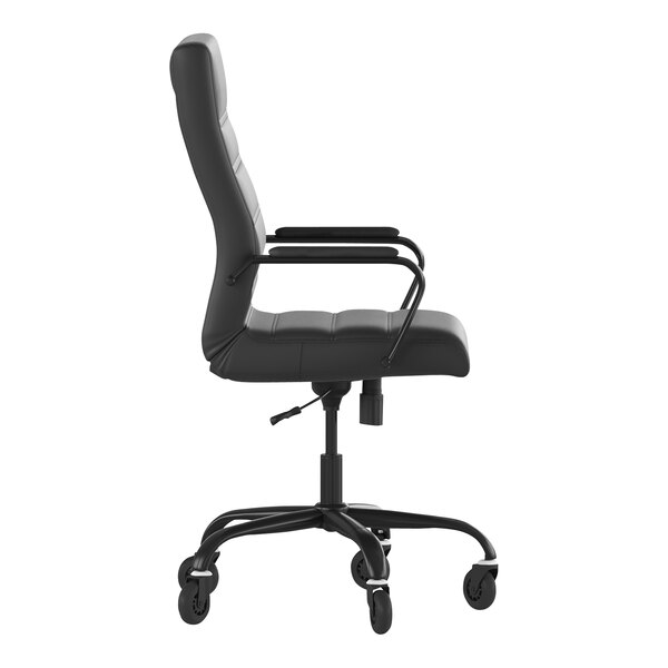 A black Flash Furniture office chair with wheels and black arm rests.