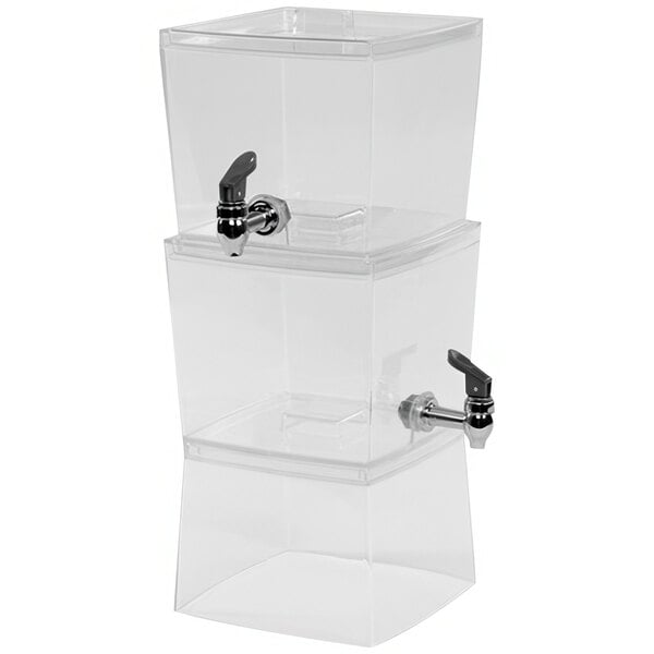 A clear plastic Choice double beverage dispenser with silver faucets.