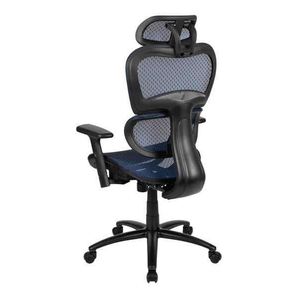 A black office chair with a blue mesh back and arms.