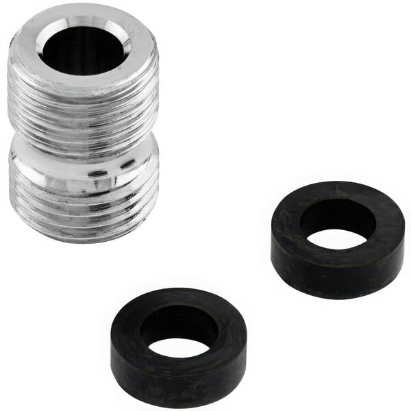 A close-up of a T&S metal adapter with black rubber rings on the ends.