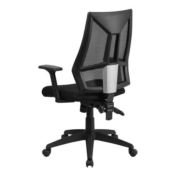 A black Flash Furniture office chair with a mesh back and arms.