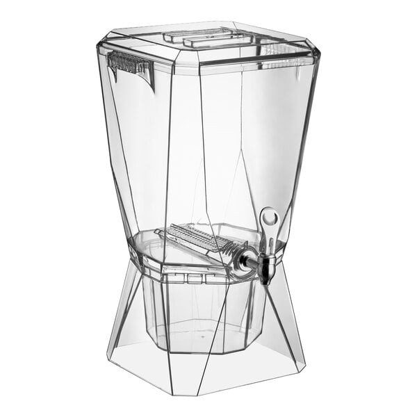 A clear acrylic beverage dispenser with a spigot and an internal ice chamber, holding 3.5 gallons.