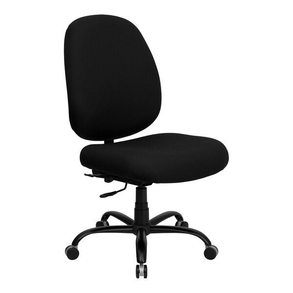 A Flash Furniture black office chair with black fabric seat and back and wheels.