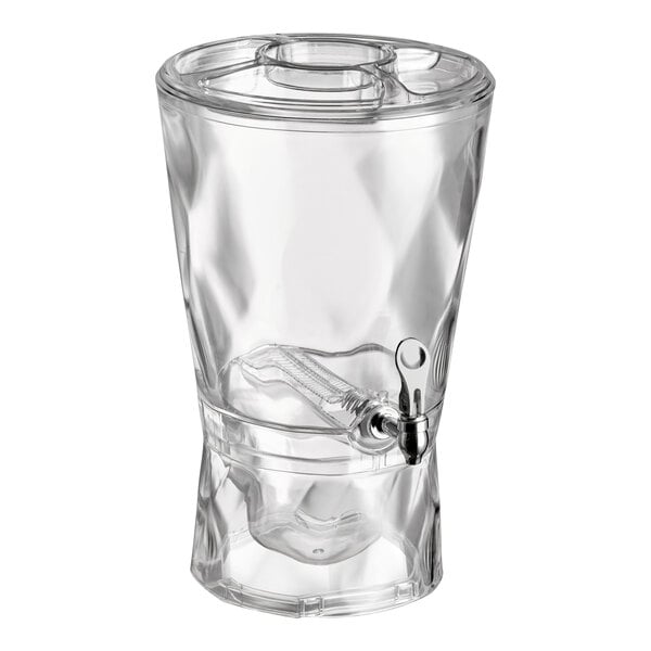 A clear acrylic beverage dispenser with a spigot and an internal ice chamber, holding 3.5 gallons.