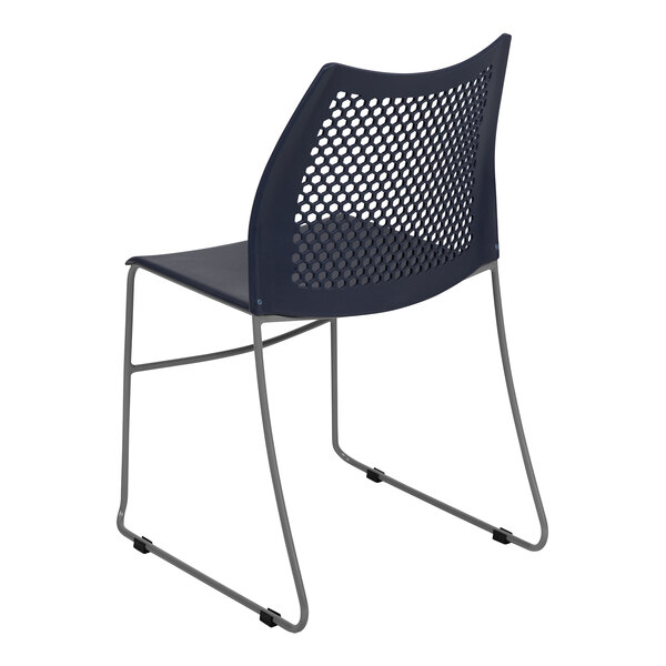 A navy Flash Furniture Hercules stacking chair with a gray metal frame and a mesh back.