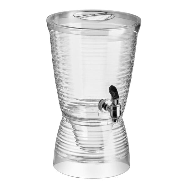 A clear acrylic beverage dispenser with a lid, spigot, and an internal ice chamber.