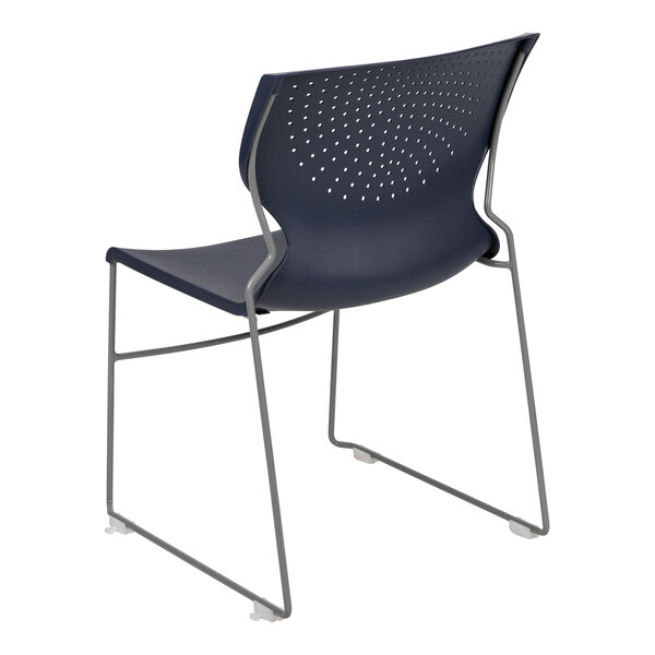 A blue Flash Furniture stack chair with a metal frame.