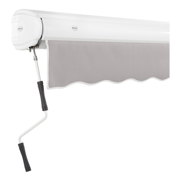 A white awning with a grey shade on it.