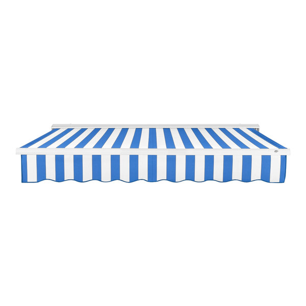 An Awntech Destin blue and white striped awning.