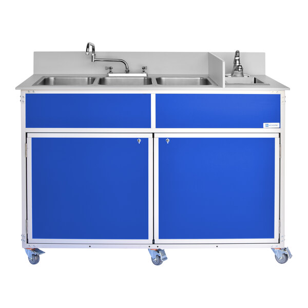 A blue portable commercial sink unit with four deep stainless steel basins and locking cabinet doors on wheels.