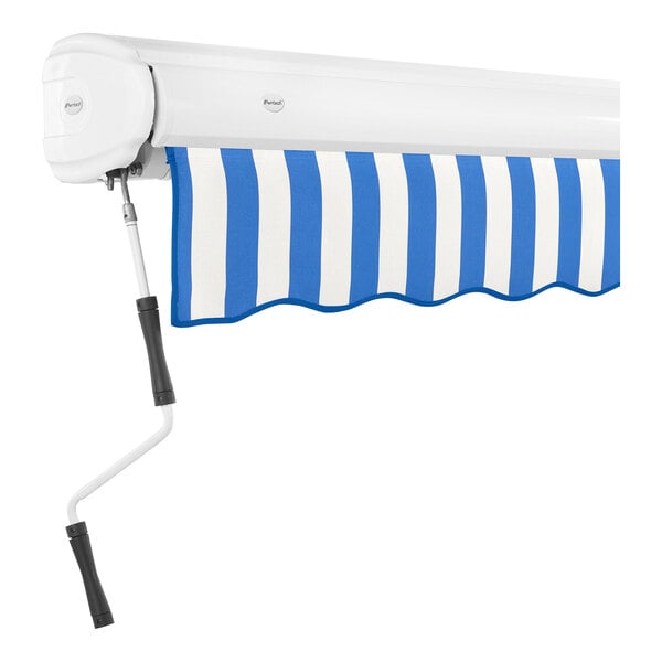 A blue and white striped Awntech Key West patio awning with a handle.